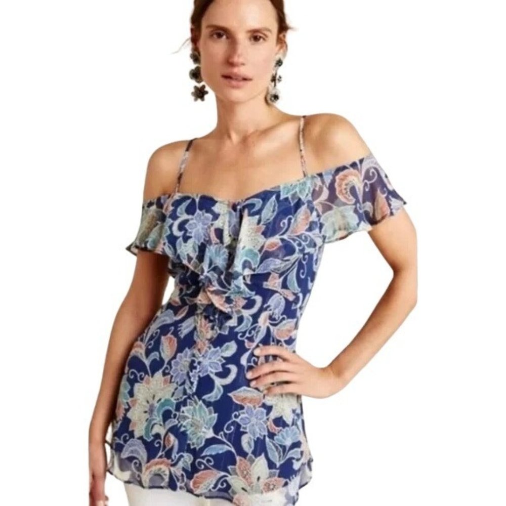 Maeve Size 4 Mariposa Open-Shoulder Ruffled Floral Blouse Top Anthropolo…